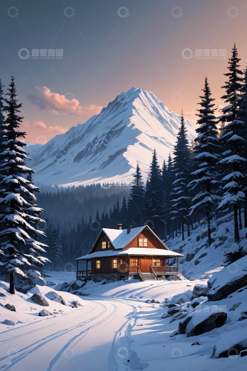 高清大图下载【趣麦麦图】冬日雪山下的木屋雪景