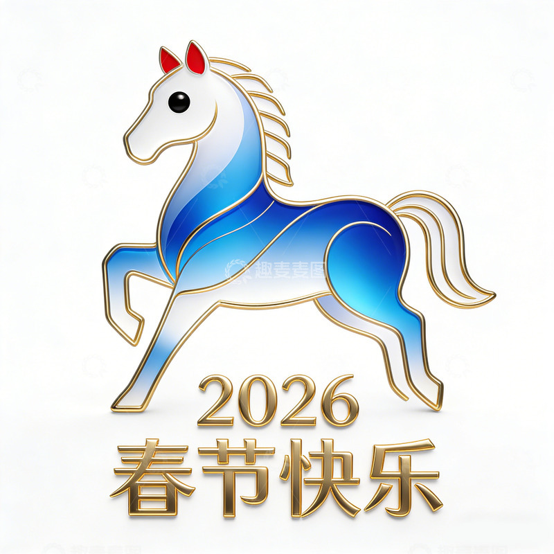 高清大图下载【趣麦麦图】2026年蓝色骏马春节图案
