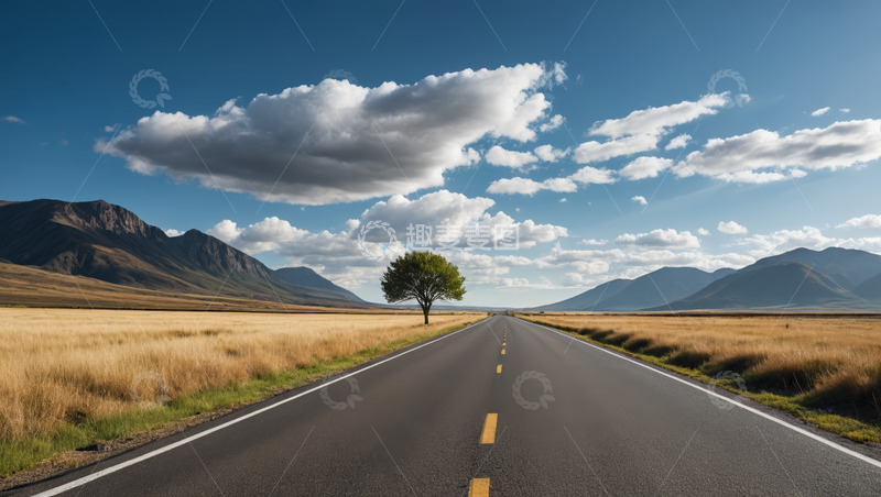 高清大图下载【趣麦麦图】旷野中延伸的公路与孤树