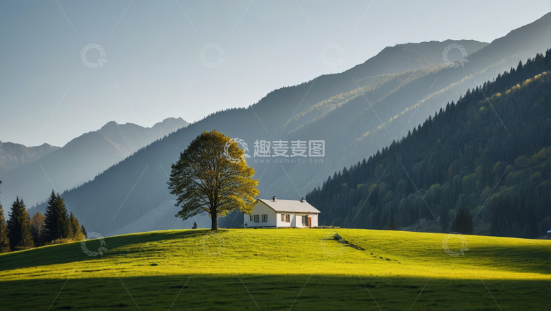 高清大图下载【趣麦麦图】山间草地旁的独栋小屋
