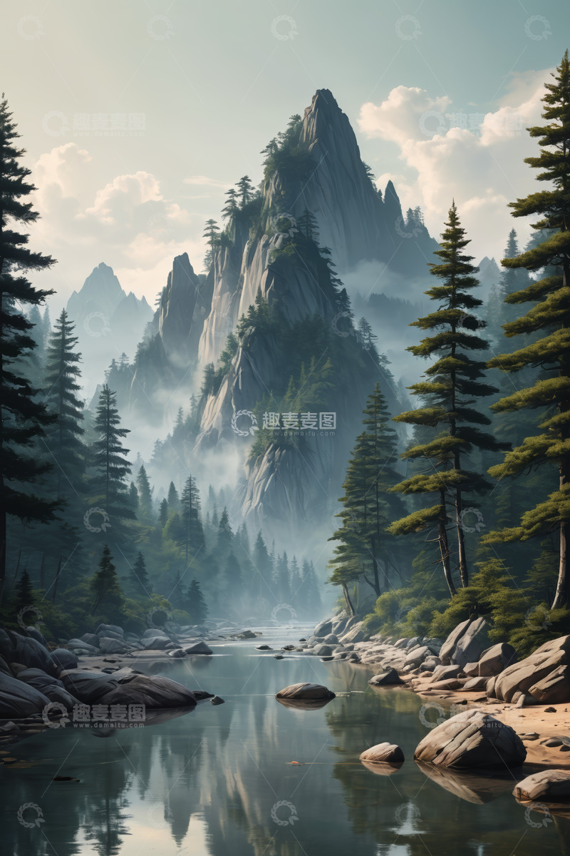 高清大图下载【趣麦麦图】山林间河流与巍峨山峰风景