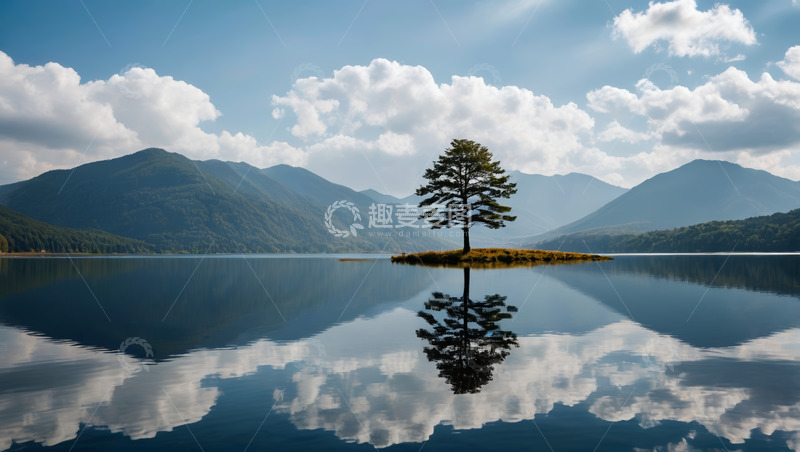 高清大图下载【趣麦麦图】湖心小岛孤树与山水风景