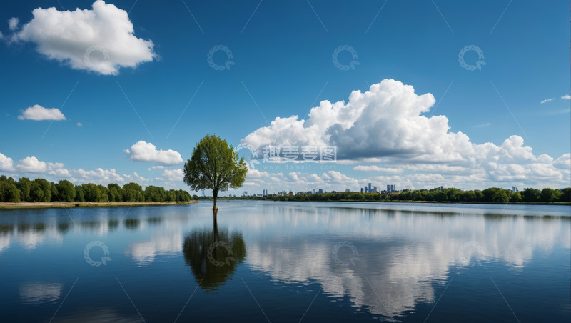高清大图下载【趣麦麦图】湖畔孤树蓝天白云风景
