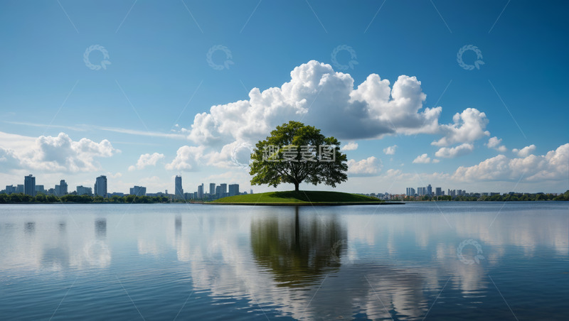 高清大图下载【趣麦麦图】湖畔孤树与城市天际线景观