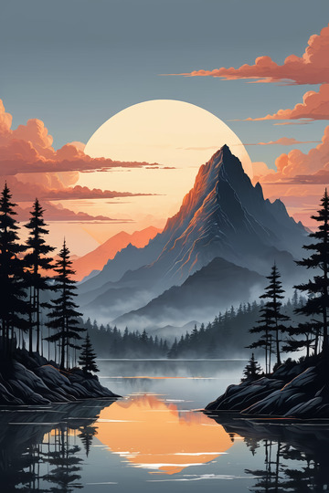 夕阳下的山景与湖泊风光