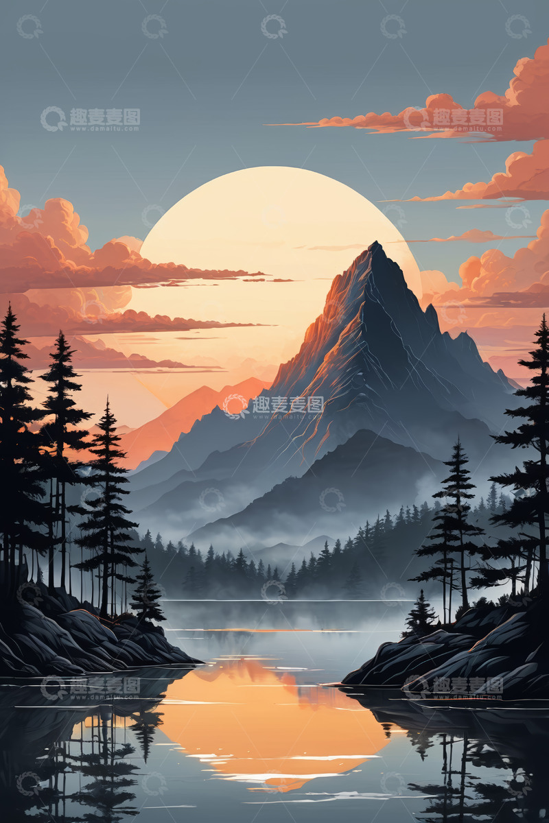 高清大图下载【趣麦麦图】夕阳下的山景与湖泊风光