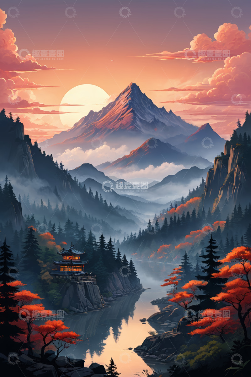 高清大图下载【趣麦麦图】夕阳下的山水森林与古亭景观