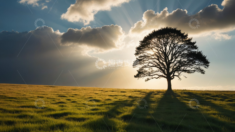 高清大图下载【趣麦麦图】草原上的孤树与阳光