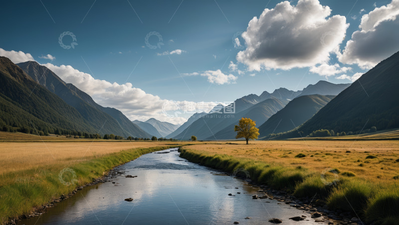 高清大图下载【趣麦麦图】山谷间河流草原自然风光