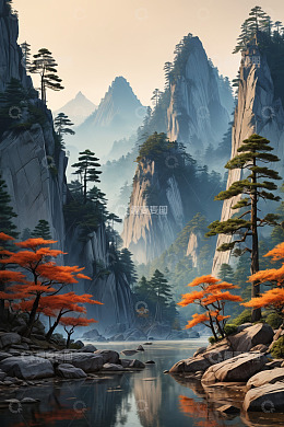 山水间橙树与青松自然风光