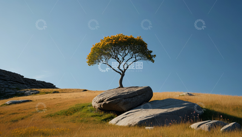 高清大图下载【趣麦麦图】草原上孤树立于巨石之上