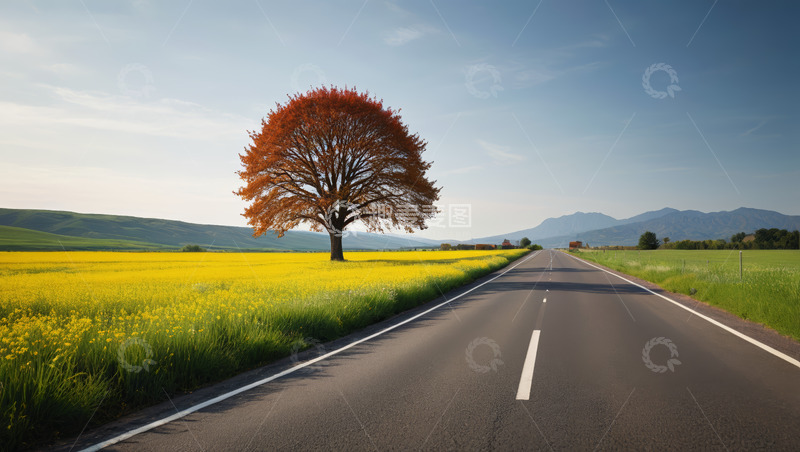 高清大图下载【趣麦麦图】田野中公路旁的独树风景
