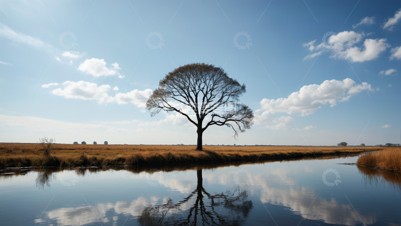 高清大图下载【趣麦麦图】旷野中水边孤独的树木景观