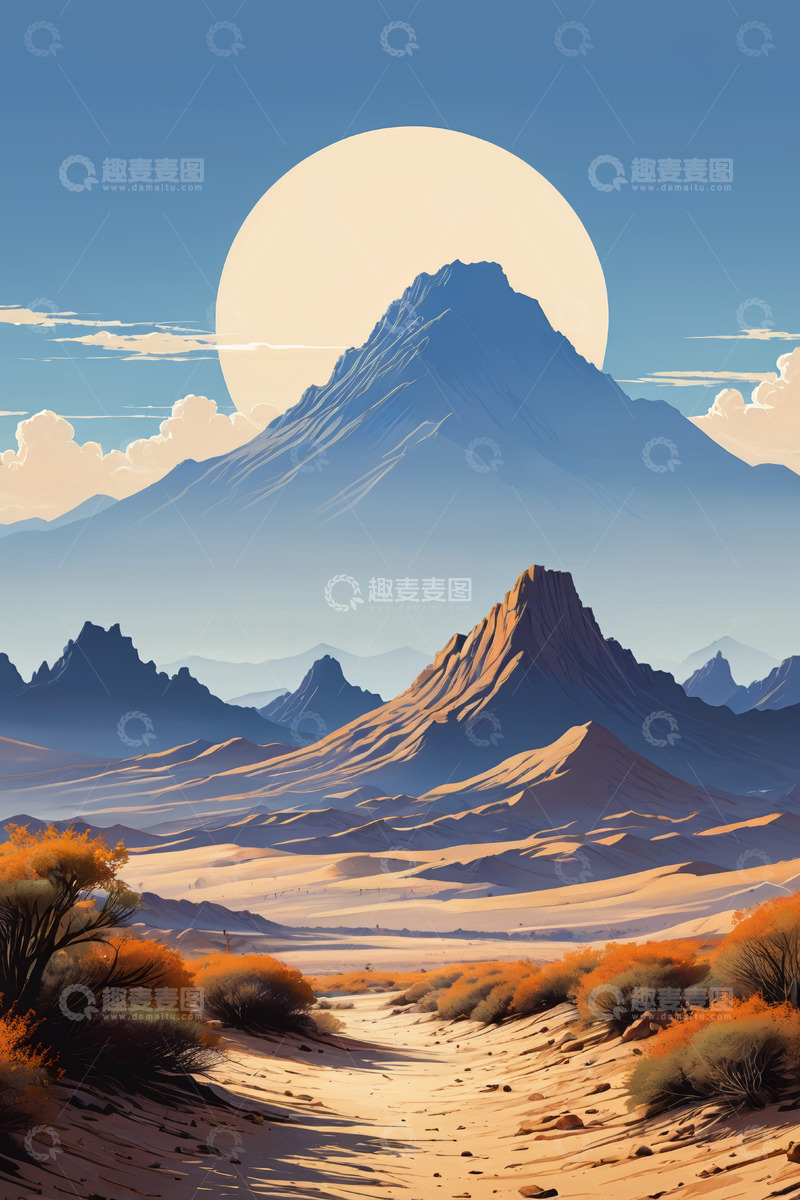 高清大图下载【趣麦麦图】沙漠山川与大月亮风景