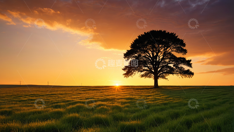 高清大图下载【趣麦麦图】草原上夕阳下的孤独树木
