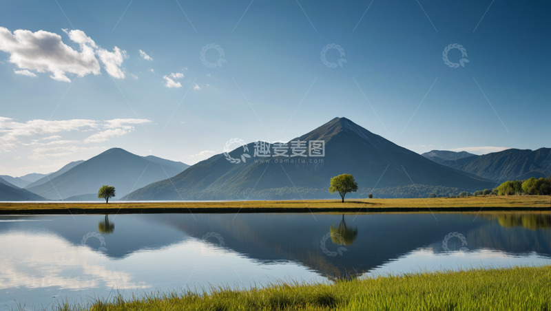 高清大图下载【趣麦麦图】山水间宁静湖面与孤树风景