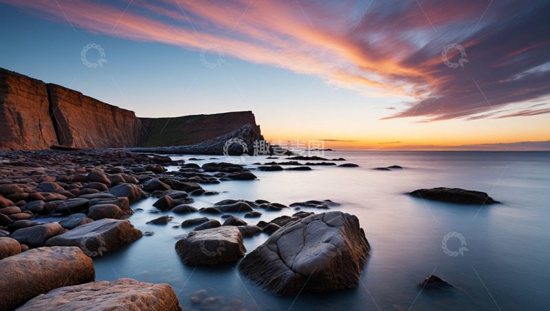 高清大图下载【趣麦麦图】海边日落时的礁石与悬崖景观