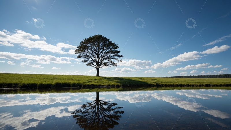 高清大图下载【趣麦麦图】草原上孤树与水面倒影景观