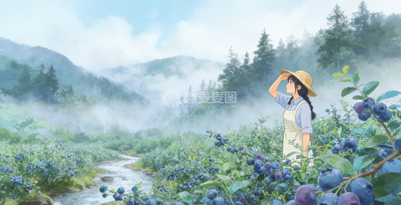高清大图下载【趣麦麦图】田园风蓝莓采摘少女插画