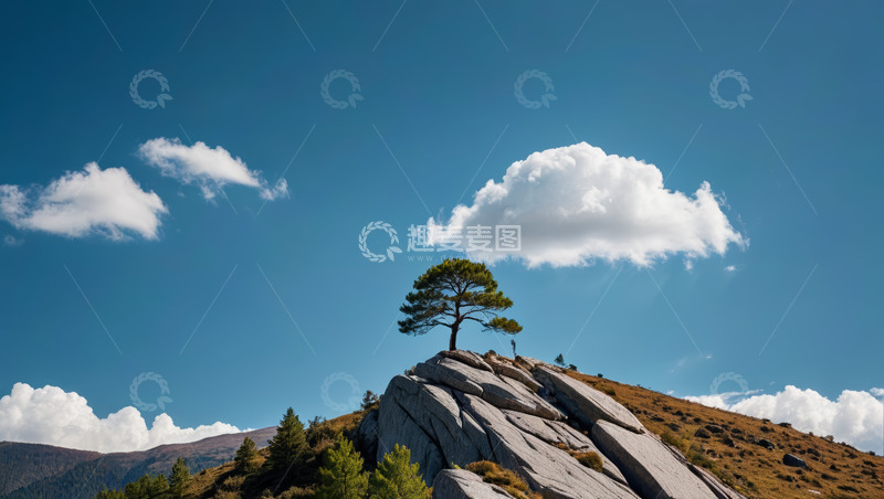 高清大图下载【趣麦麦图】山顶孤树与蓝天白云景观
