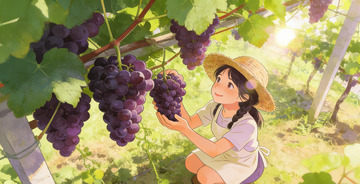 葡萄园小女孩采摘插画素材