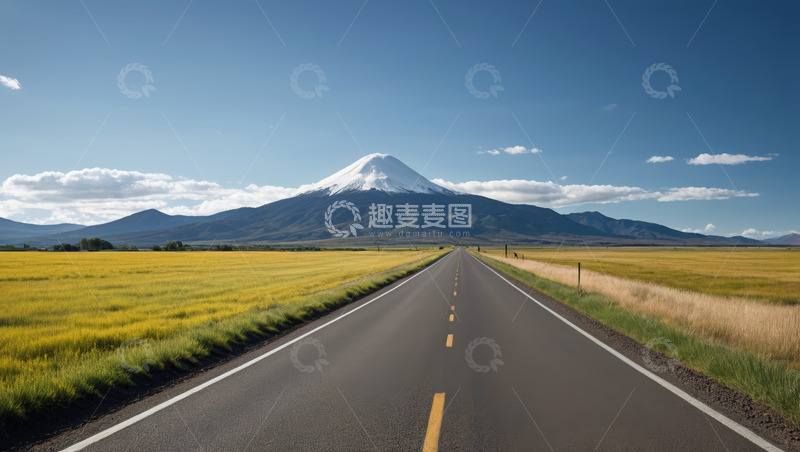 高清大图下载【趣麦麦图】田野公路与远处雪山风景