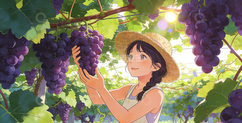 高清大图下载【趣麦麦图】田园风少女葡萄园插画