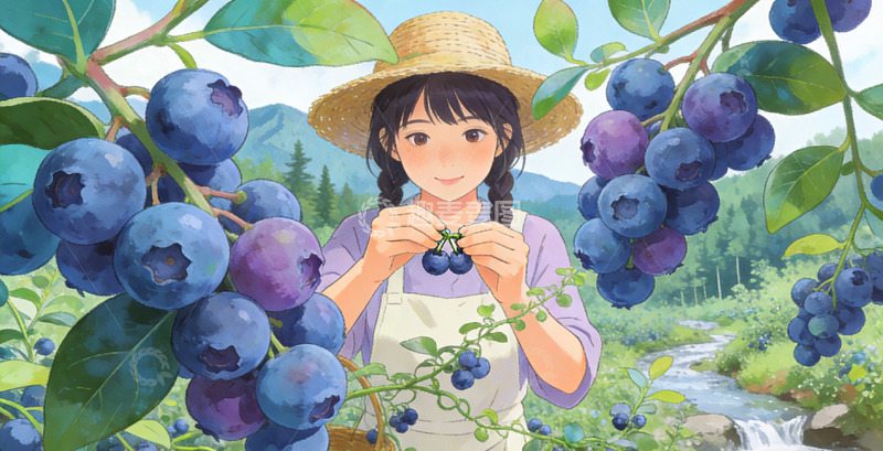 高清大图下载【趣麦麦图】田园风光蓝莓采摘插画