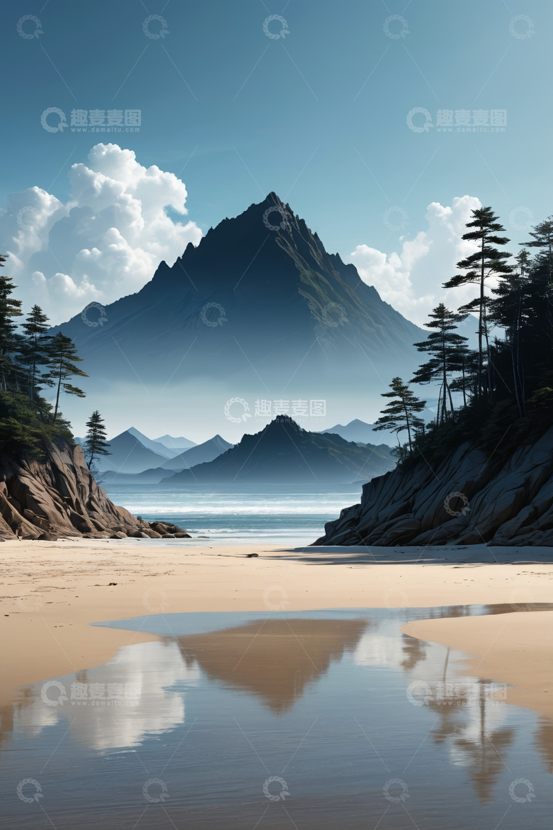 高清大图下载【趣麦麦图】海滩边的山景与蓝天白云