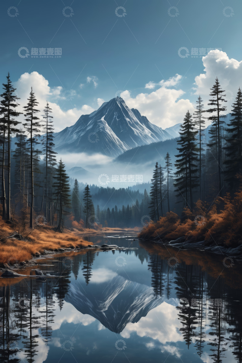 高清大图下载【趣麦麦图】山林湖泊与远山风景