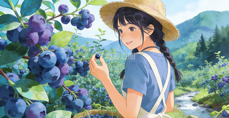 高清大图下载【趣麦麦图】田园风蓝莓采摘少女插画