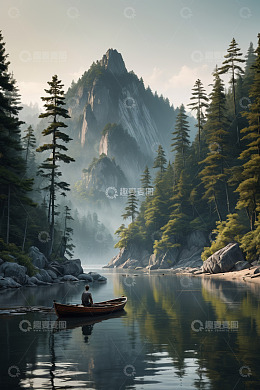 山林间湖面单人泛舟场景