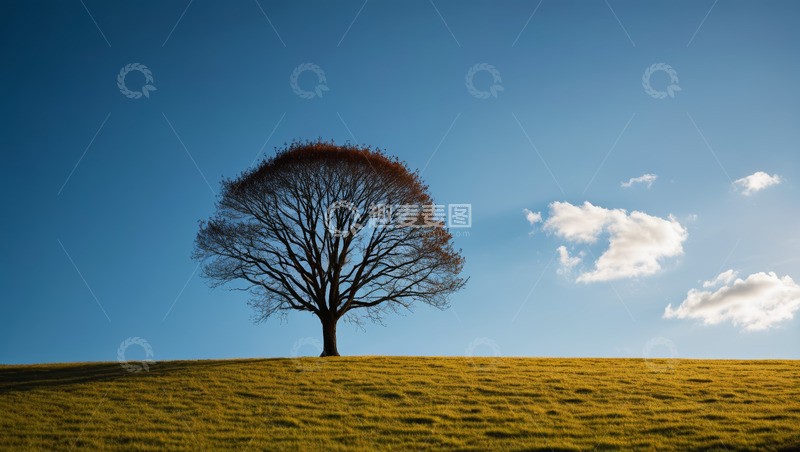 高清大图下载【趣麦麦图】山丘上的孤树与蓝天