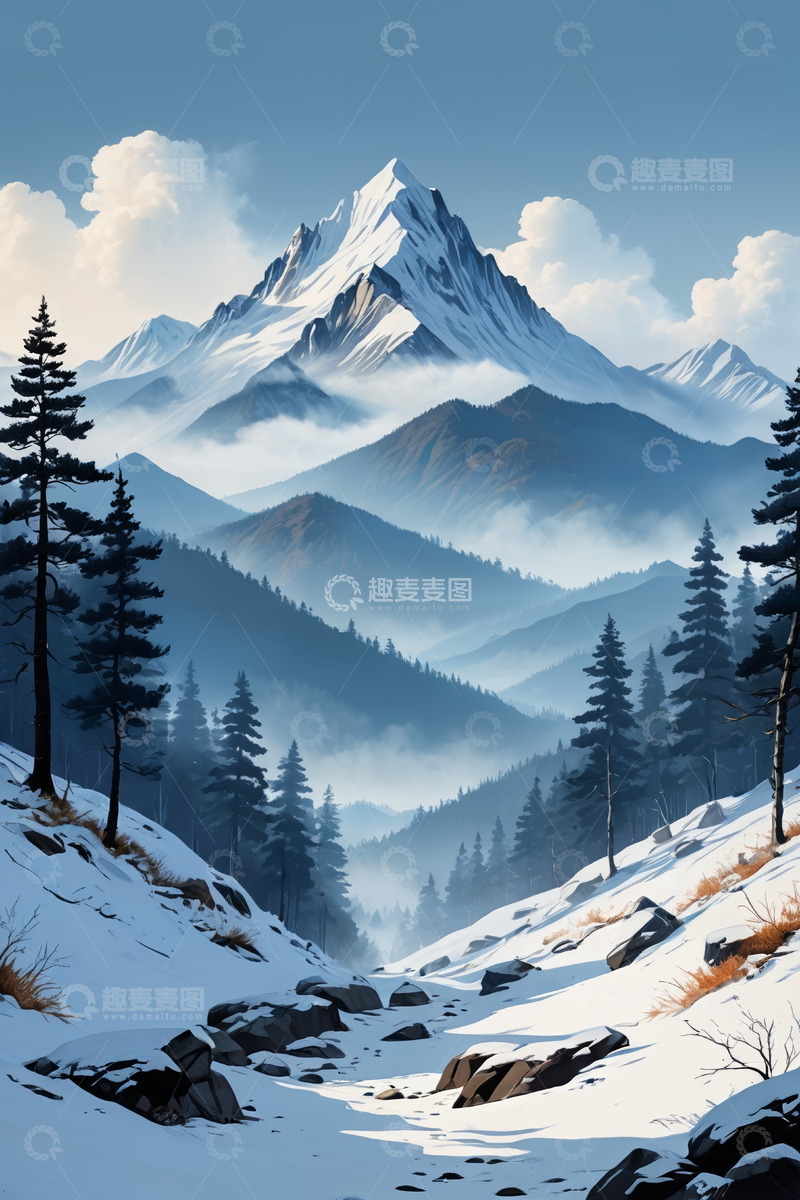 高清大图下载【趣麦麦图】雪山下的森林雪景