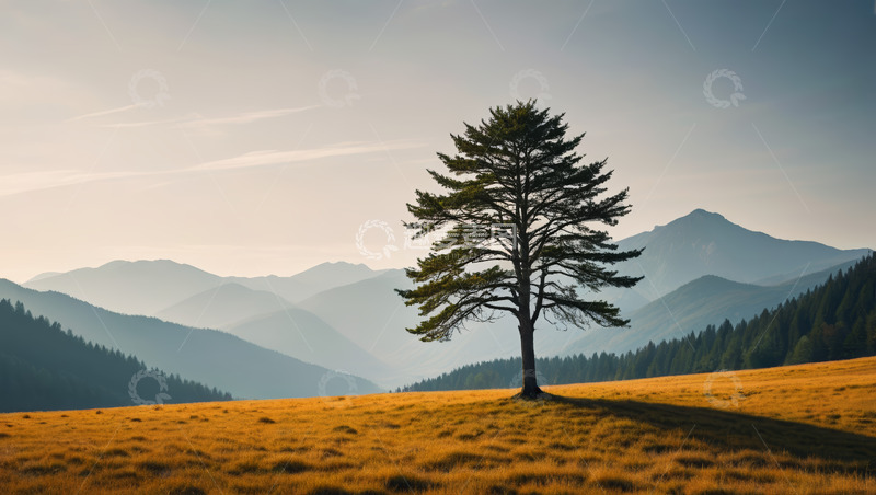 高清大图下载【趣麦麦图】原野上的孤树与远山风景