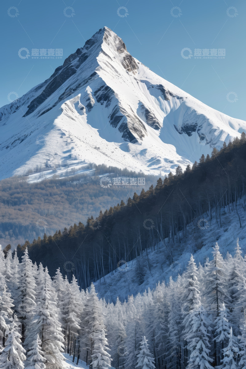 高清大图下载【趣麦麦图】雪山下的雪覆森林景观
