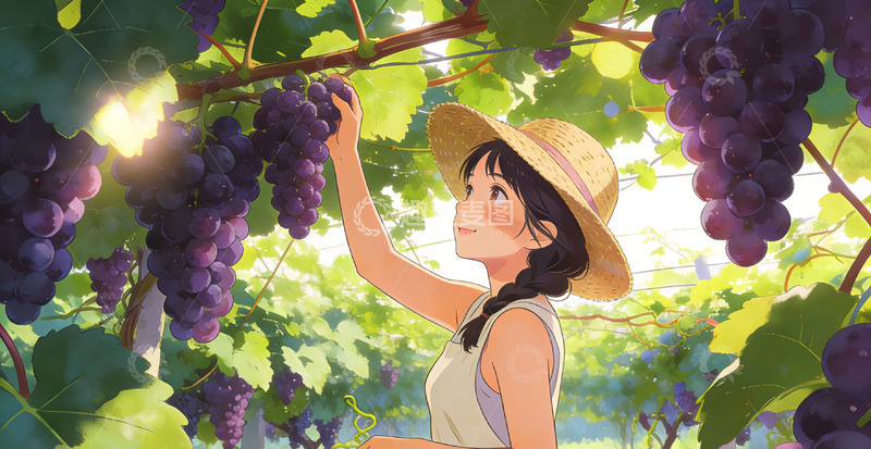 高清大图下载【趣麦麦图】田园风女孩摘葡萄插画