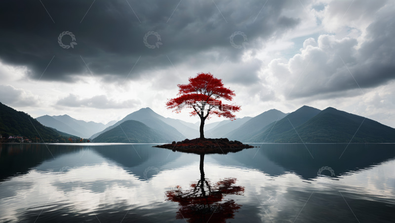 高清大图下载【趣麦麦图】湖中小岛红树与山水景观