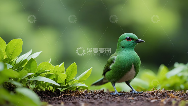高清大图下载【趣麦麦图】绿色小鸟于绿植旁站立画面