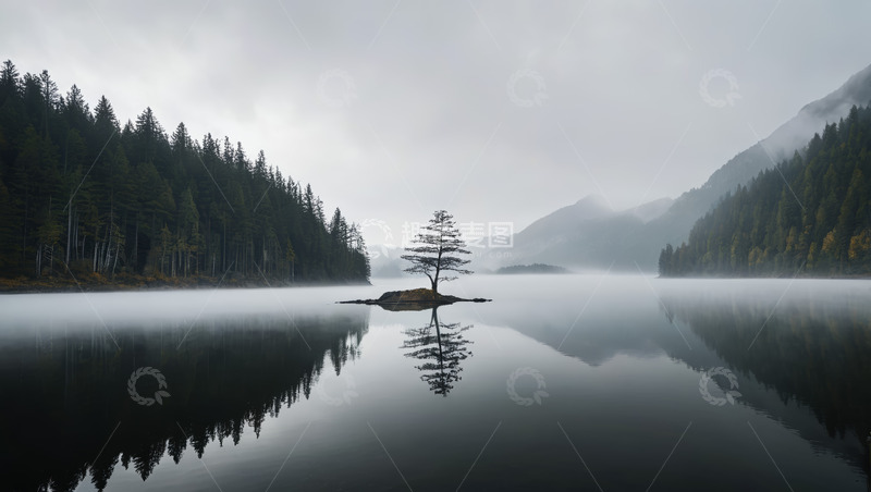 高清大图下载【趣麦麦图】湖心孤树与森林山水风光