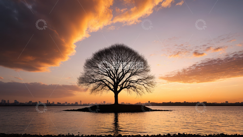 高清大图下载【趣麦麦图】夕阳下湖中小岛孤树风景