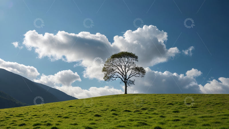 高清大图下载【趣麦麦图】草原上独立大树与蓝天白云景观