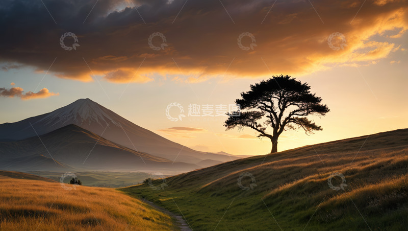 高清大图下载【趣麦麦图】山丘上孤树与远山日落景象