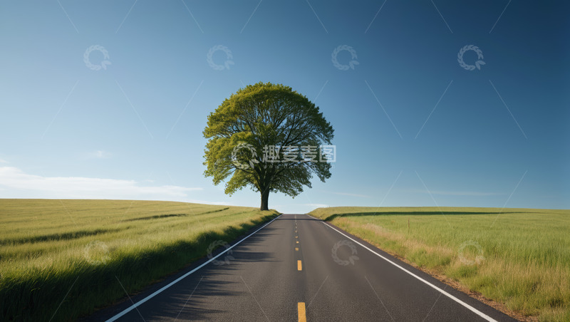 高清大图下载【趣麦麦图】田野中公路旁的独树风景