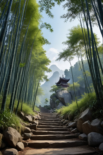 竹林间通往古亭的石阶小道