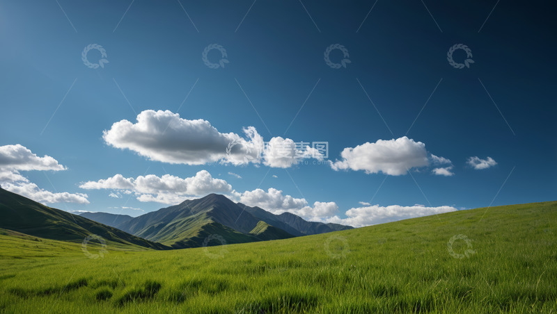 高清大图下载【趣麦麦图】蓝天白云下的绿色草原与山脉