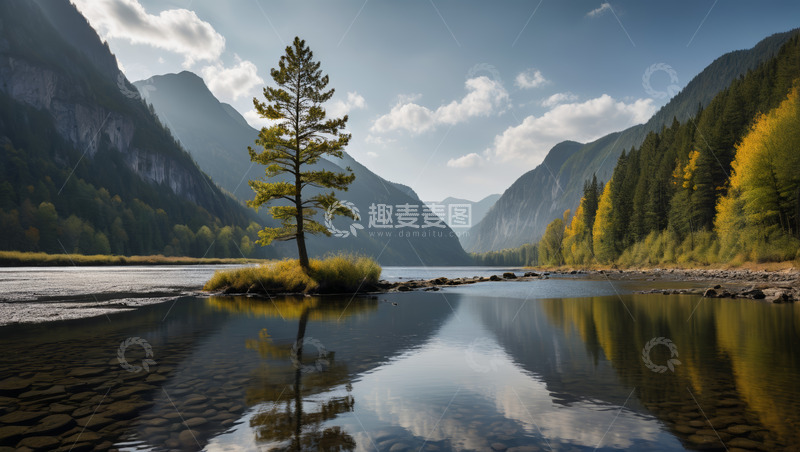 高清大图下载【趣麦麦图】山间湖畔孤树自然风光
