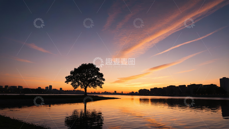 高清大图下载【趣麦麦图】湖畔树影日落景观