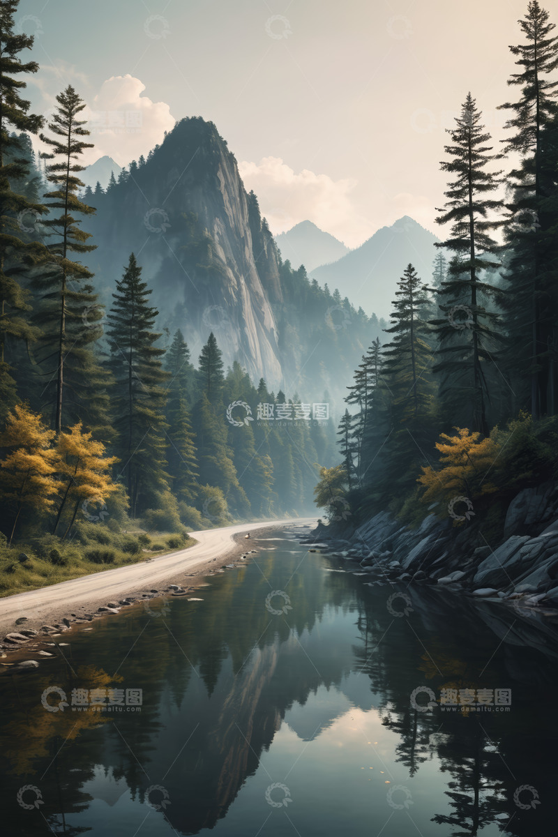 高清大图下载【趣麦麦图】山间森林旁的河流与道路风景