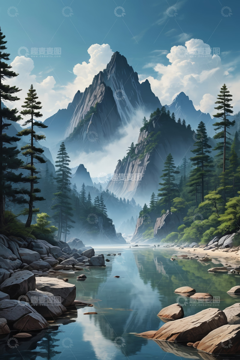 高清大图下载【趣麦麦图】山林间宁静的河流风景